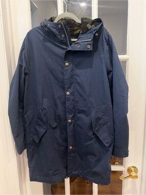 Mango MNG Man Navy Hooded Parka Jacket Camo Lined Men’s Size S
